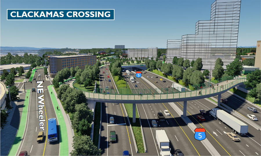 Simulation: A new bike and pedestrian-only bridge over I-5, from NE Clackamas Street to N Ramsay Way.