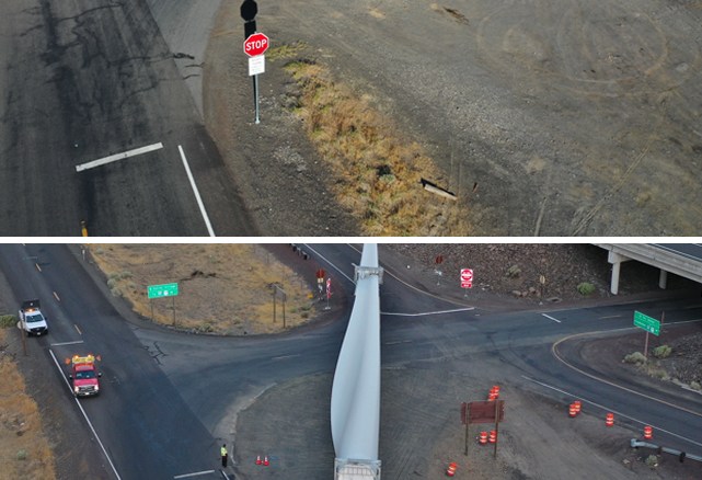 Before and after look at the intersection where the giant blade maneuvered through the intersection.